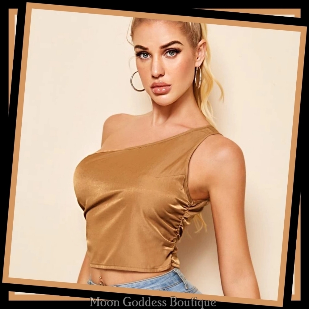 Shein ✦ Satin Gold One-Shoulder Cropped Top ✦ XS Side Zip Asymmetric Silky NWT - Picture 3 of 10